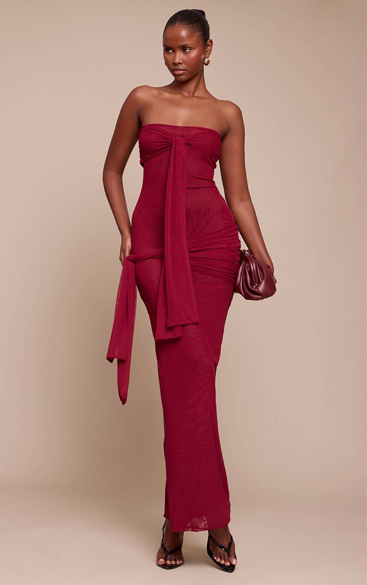 Rouge Vin Robe Longue Moulante En Mesh À Bandeau Avec Nœud