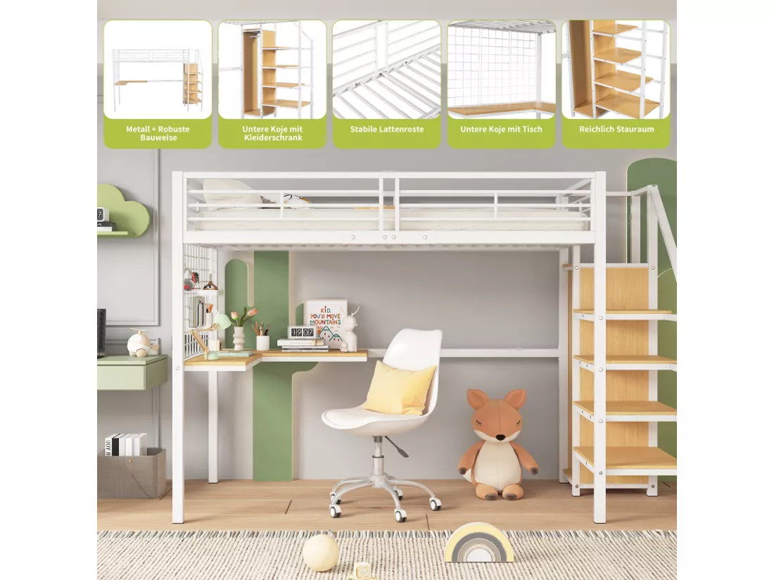 Lit mezzanine 90x200cm, lit enfant avec table et armoire, échelle latérale, acier + MDF, blanc