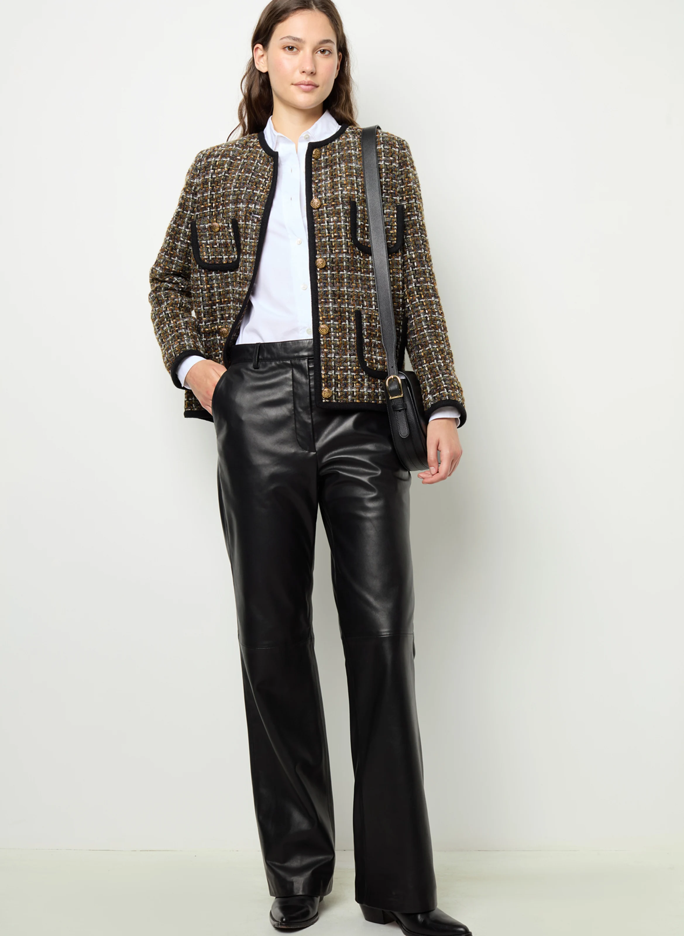 MARGAUX - Veste droite col rond en tweed | Kaki