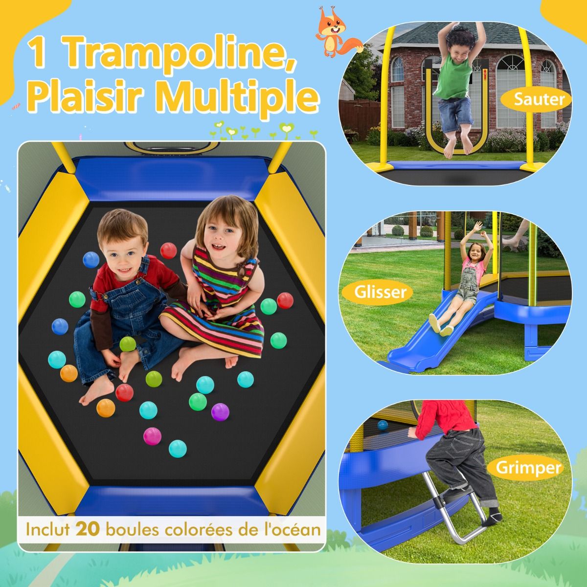 Trampoline Extérieur Ø 223cm avec Toboggan&Echelle avec Filet de Sécurité 2 Portes en U Charge 270kg pour 2-3 Enfants de 3 Ans+ Bleu/Vert - Lidl-Manfred