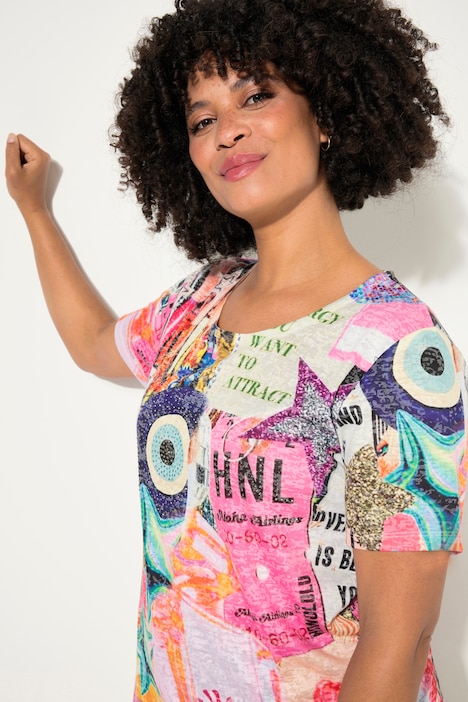 T-Shirt, buntes Muster, Rundhals, Halbarm
