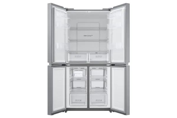 Samsung RF48A400EM9, Fritstående, Fransk dør, Rustfrit stål, Berøring, På døren, Hærdet glas