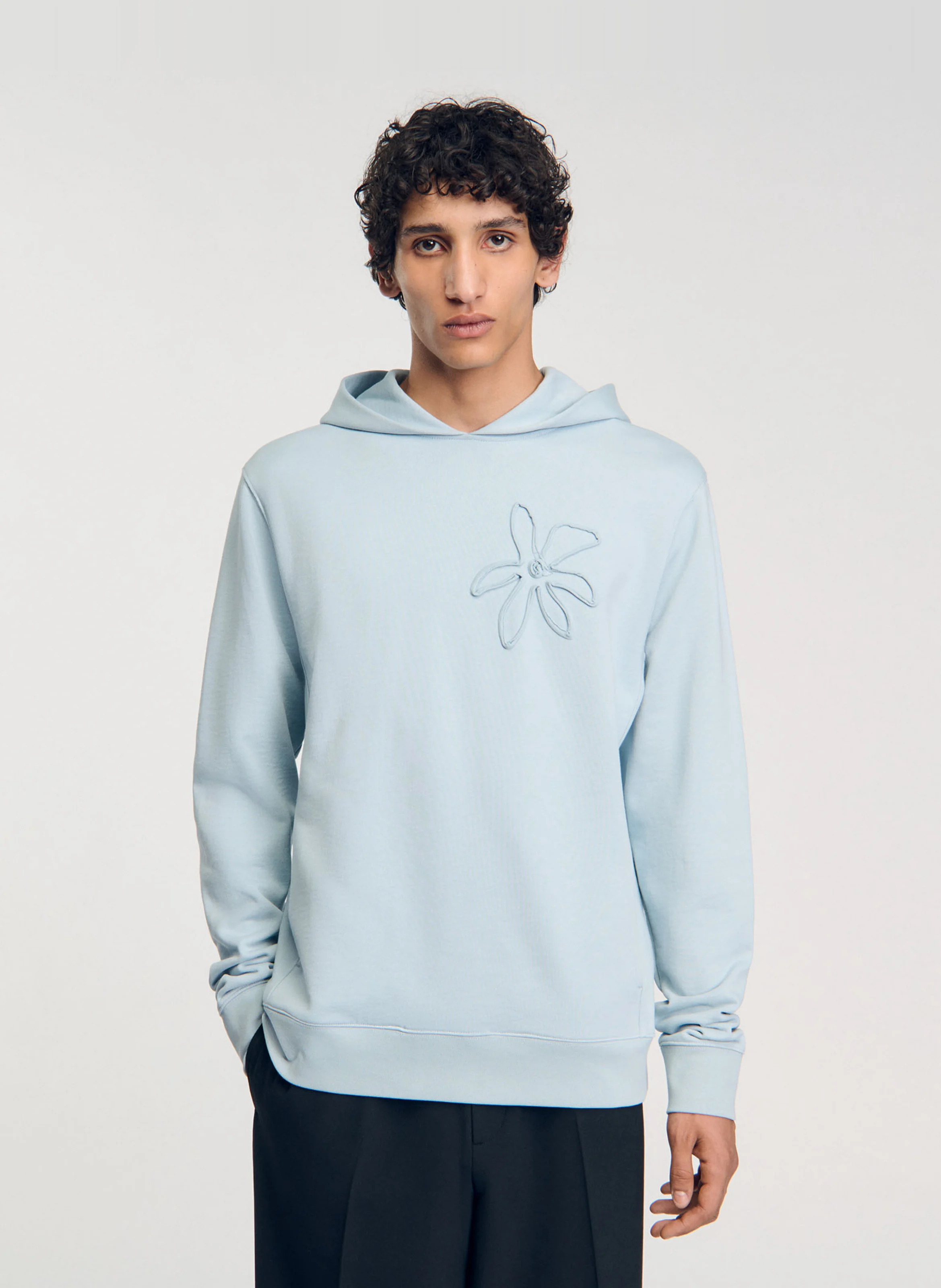 Sweat ample brodé à capuche en coton | Bleu