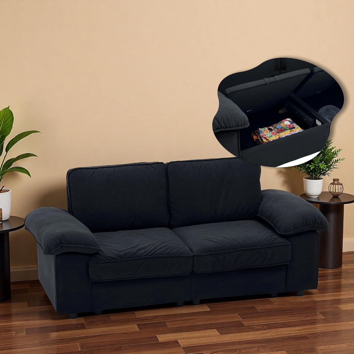 Sofa 2 Sitzer mit Stauraum, Ecksofa mit Schlaffunktion, Elegantes Skandinavisches Schlafcouch, Modernes Sofa Bed, Ist Kuschlig, für Wohnzimmer/Schlafzimmer/Büro, 201cm, Velvet, Schwarz