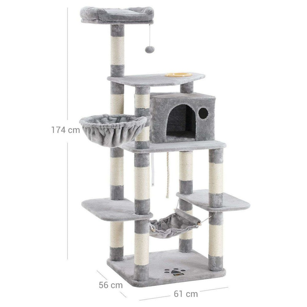 Arbre à chat hauteur de 174 cm multi-niveaux avec bol panier niche maison de jeu meubles pour chatons chats et félins couleur