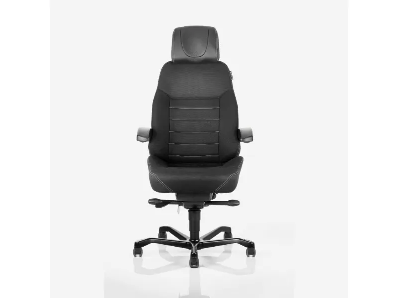 Kontorstol KAB Seating Executive, White-Line Sort tekstil fighter inkl. armlæn og nakkestøtte i sort skind