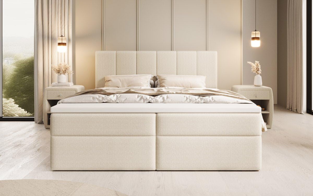 Luxusbetten24 Boxspringbett Aurelia Bouclé 180x200 mit Stauraum | Bezug: Bouclé | Farbe: Beige | Härtegrad: