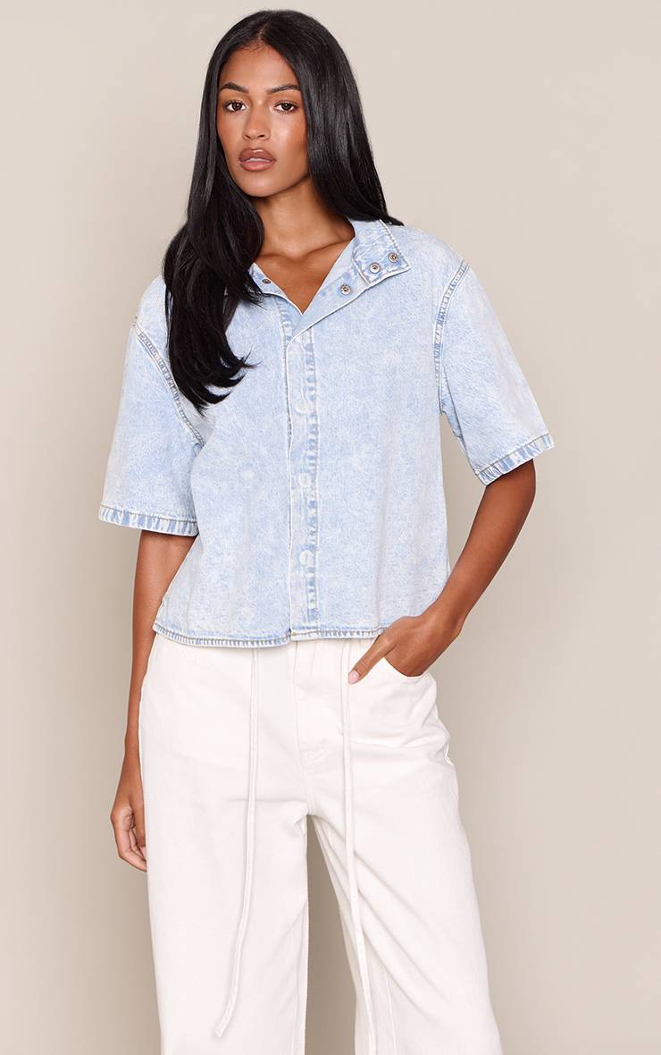 Bleu Glacé Chemise En Jean À Manches Courtes Et Col Cheminée Tall