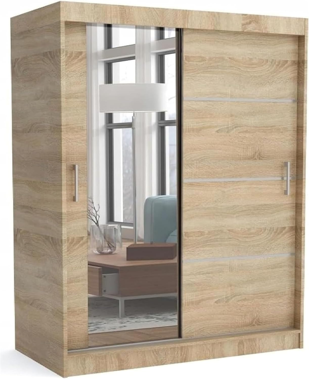 Brent - Kleiderschrank mit Spiegel 160cm Breit Windsor Tomy I Schlafzimmerschrank mit 2 Kleiderstänger und Einlegeböden für Kleidung I Kleiderschrank Sonoma Eiche