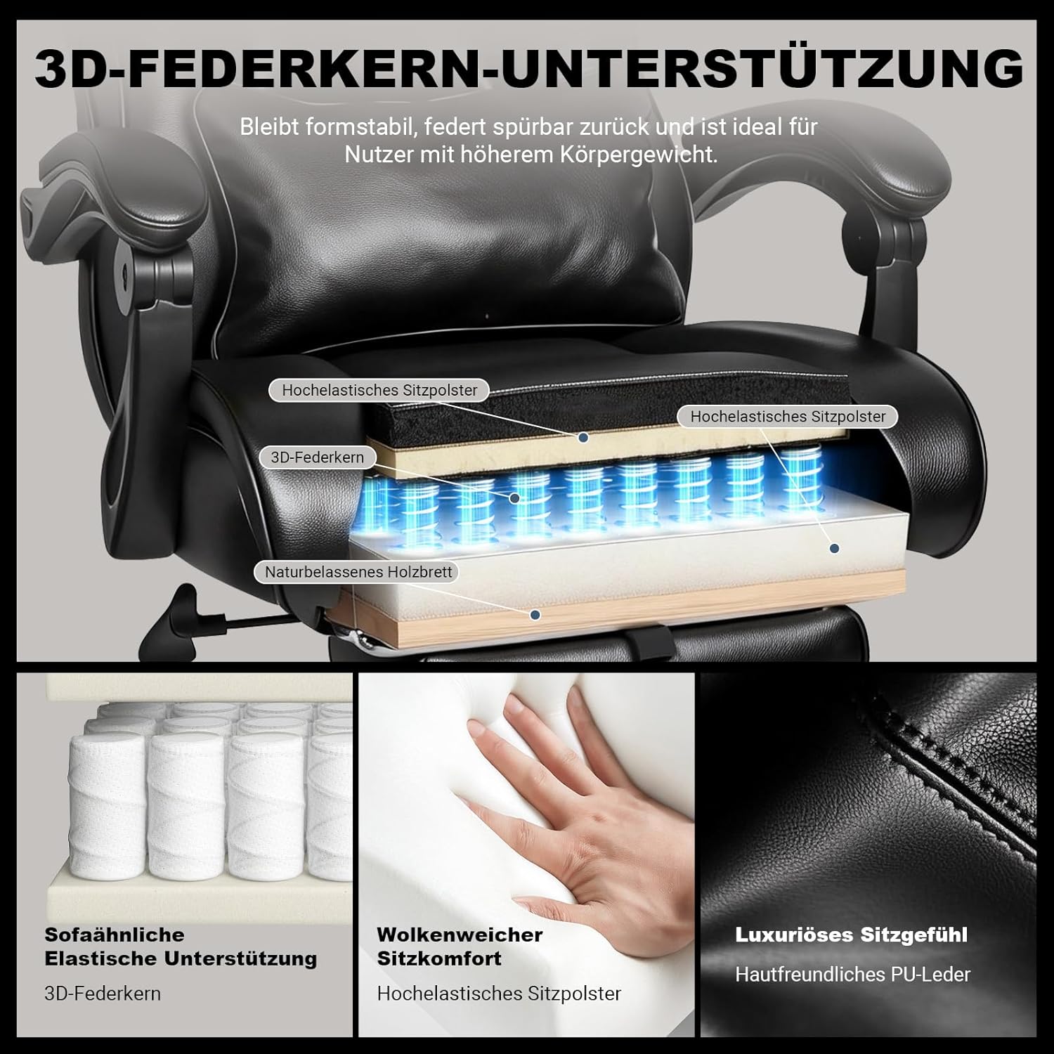 BASETBL Bürostuhl 200kg, Chefsessel mit 4-stufiger Gasdruckfeder, 3D Armlehnen, Verstellbarer Lendenstütze & Kopfstütze, Leises Gummirollen, XXL breiter Sitz, EN12520, ergonomischer Schreibtischstuhl