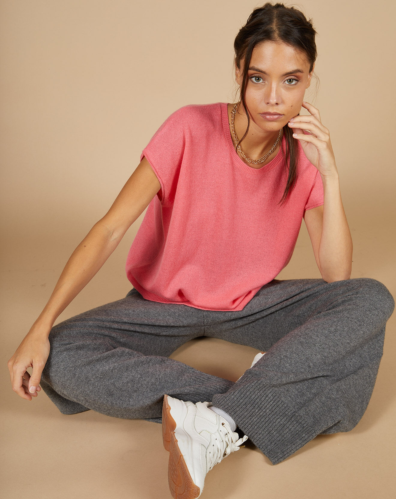 Cashmere Tribu Pull 100% Cachemire Laurène manches courtes rose