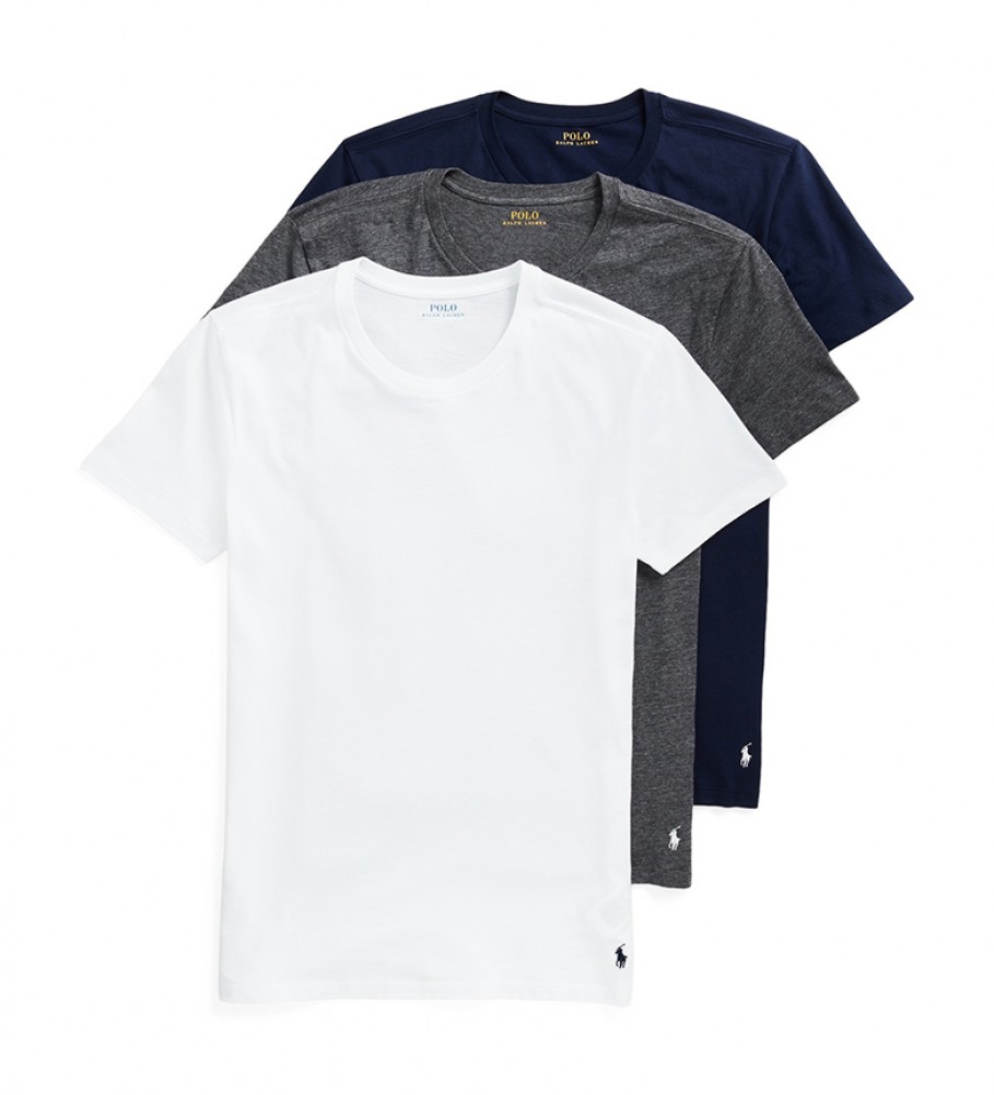 Conjunto de 3 camisetas Ralph Lauren de gola redonda nas cores branca, cinza e azul marinho.