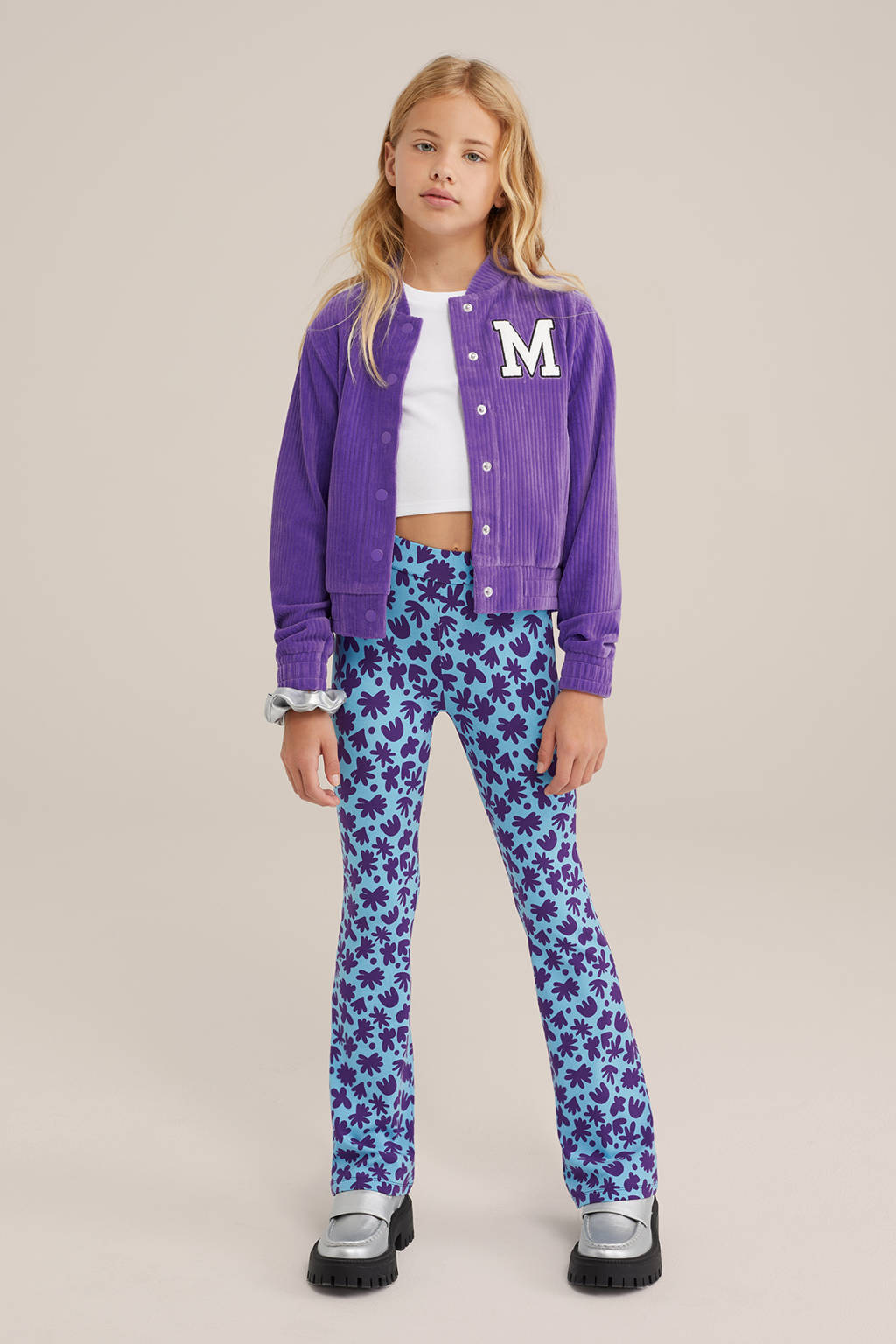 WE Fashion broek met all over print lichtblauw/paars