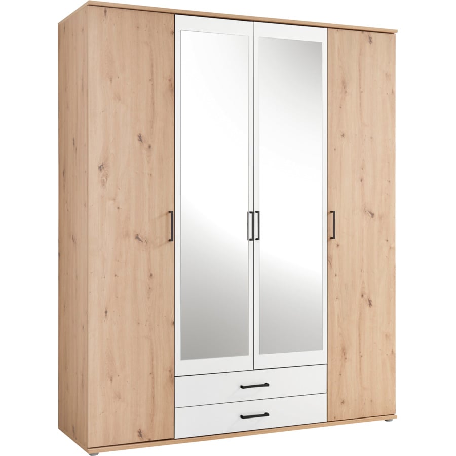 Drehtürenschrank Chicago Melamin Dekor Artisan/Weiss 120 x 97 x 54 cm, mit Spiegel