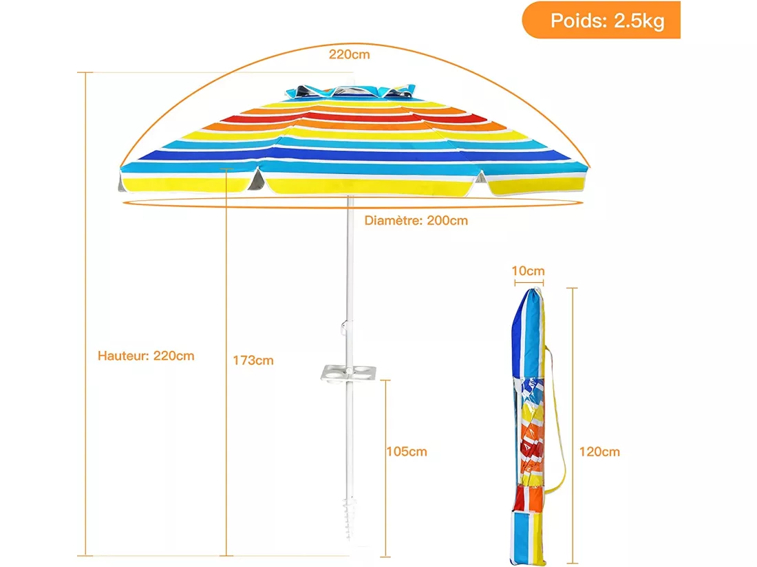Parasol Pliable 2,2M Mécanisme Inclinable 30° avec Porte-Gobelet Fixation pour Sable Protection UPF50+ Portable Extérieur Arc-en-Ciel