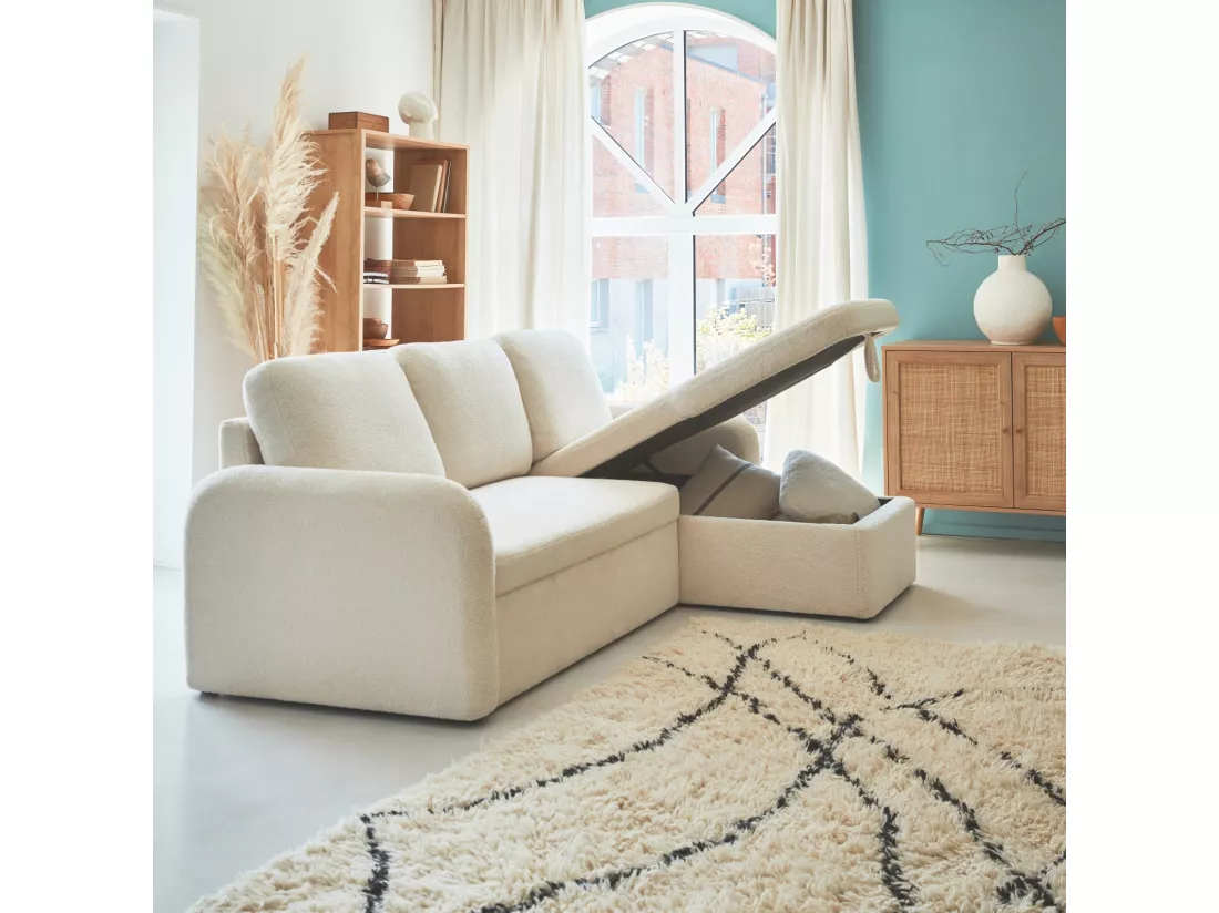 Canapé d'angle convertible en tissu bouclettes blanches - Milano - 3 places. fauteuil d'angle réversible coffre rangement lit modulable