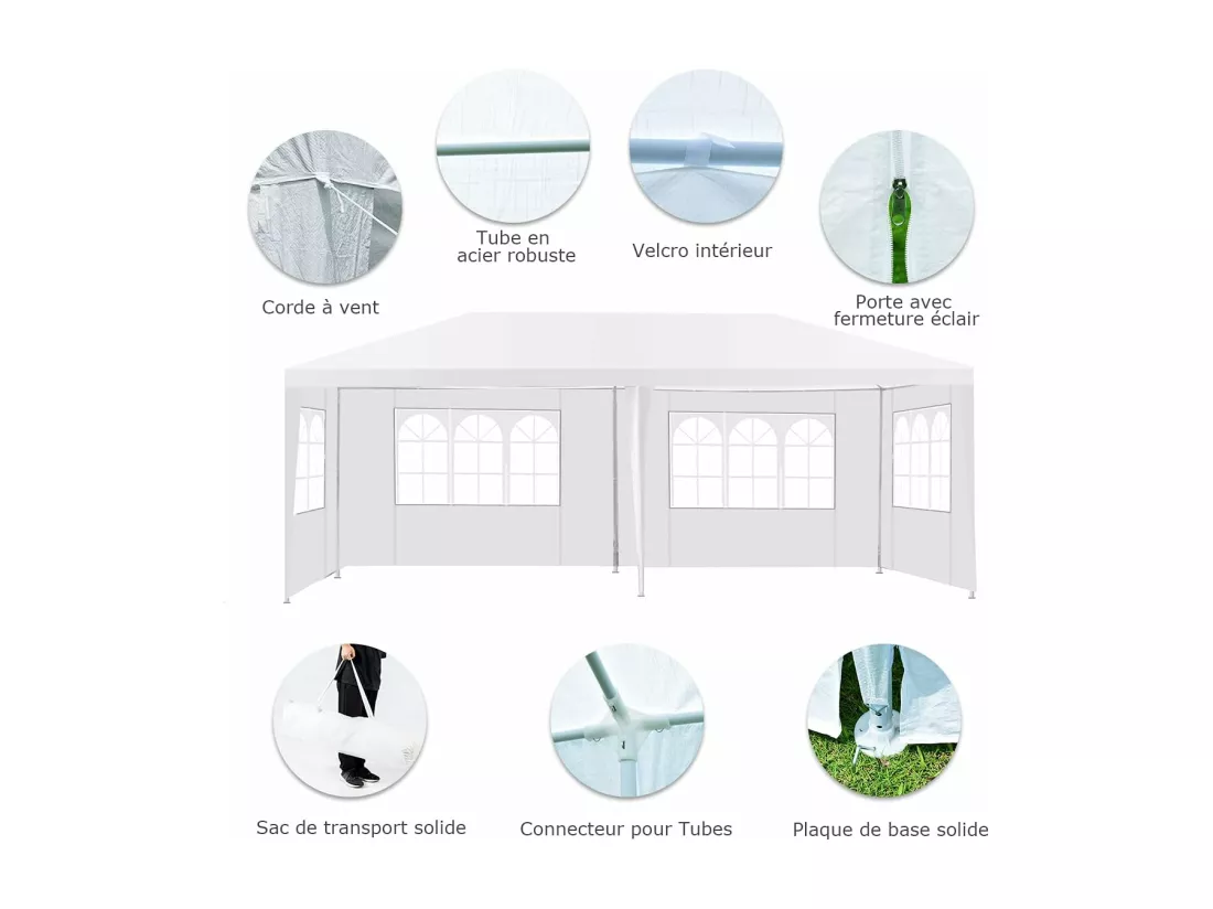 Tonnelle de Jardin Extérieur/Barnum 3x6m-18㎡ Tente de Réception avec 4 Parois Amovibles, Piquets de Terre et Fenêtre sur Côté, Sac de Transport Inclus