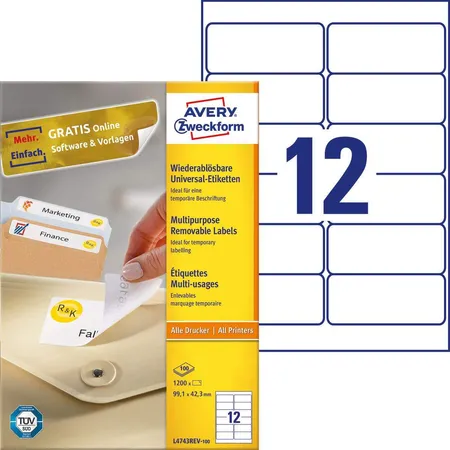 Avery Zweckform L4743REV-100 Universal-Etiketten,A4 99,1 x 42,3 mm, 100 Bogen/1.200 Etiketten, weiß