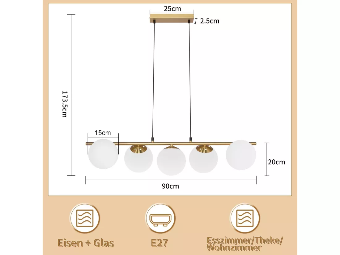 NETTLIFE Suspension verre doré diamètre 90 cm E27 moderne 150 cm hauteur réglable vintage pour salle à manger salon comptoir de bar I sans ampoule