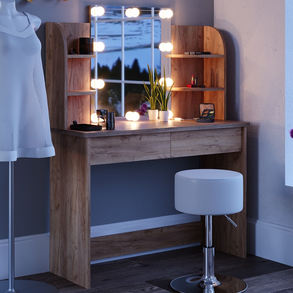VICCO LED Schminktisch CHARLOTTE Frisiertisch Kommode Kosmetiktisch Eiche Hocker