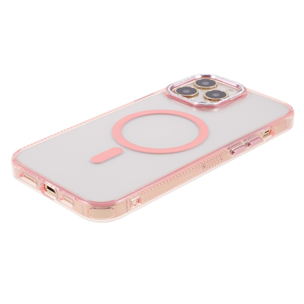 iPhone 14 Pro MagSafe Gummi Case Hülle mit Glitzer Aluminium Kameraschutz - Rosa / Transparent