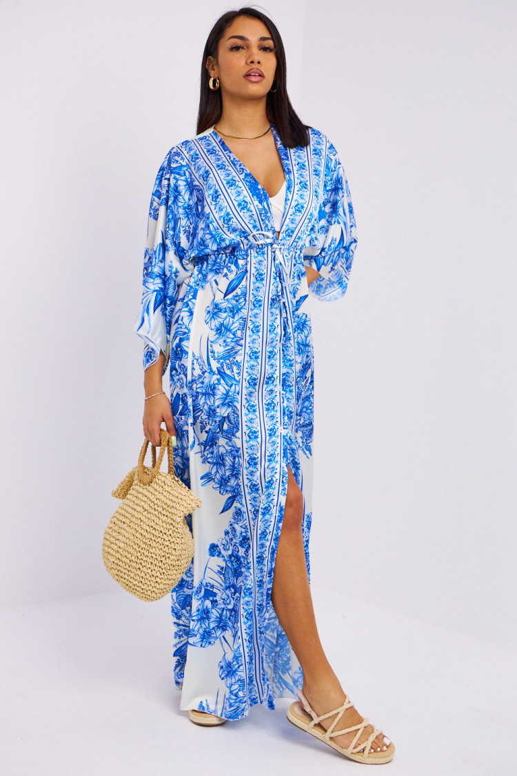 Robe chemise bleue à fleurs col v