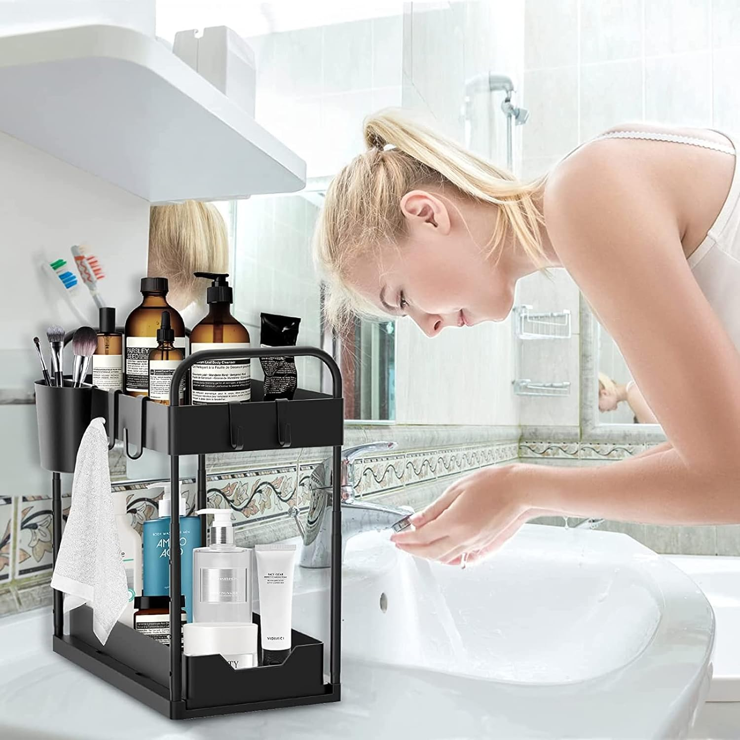 Waschbecken Unterschrank Regal Verstellbarer Spülschrank Küchen Organizer mit Schubfach für Lebensmittel / Reinigungsmittel / Kosmetik - Schwarz