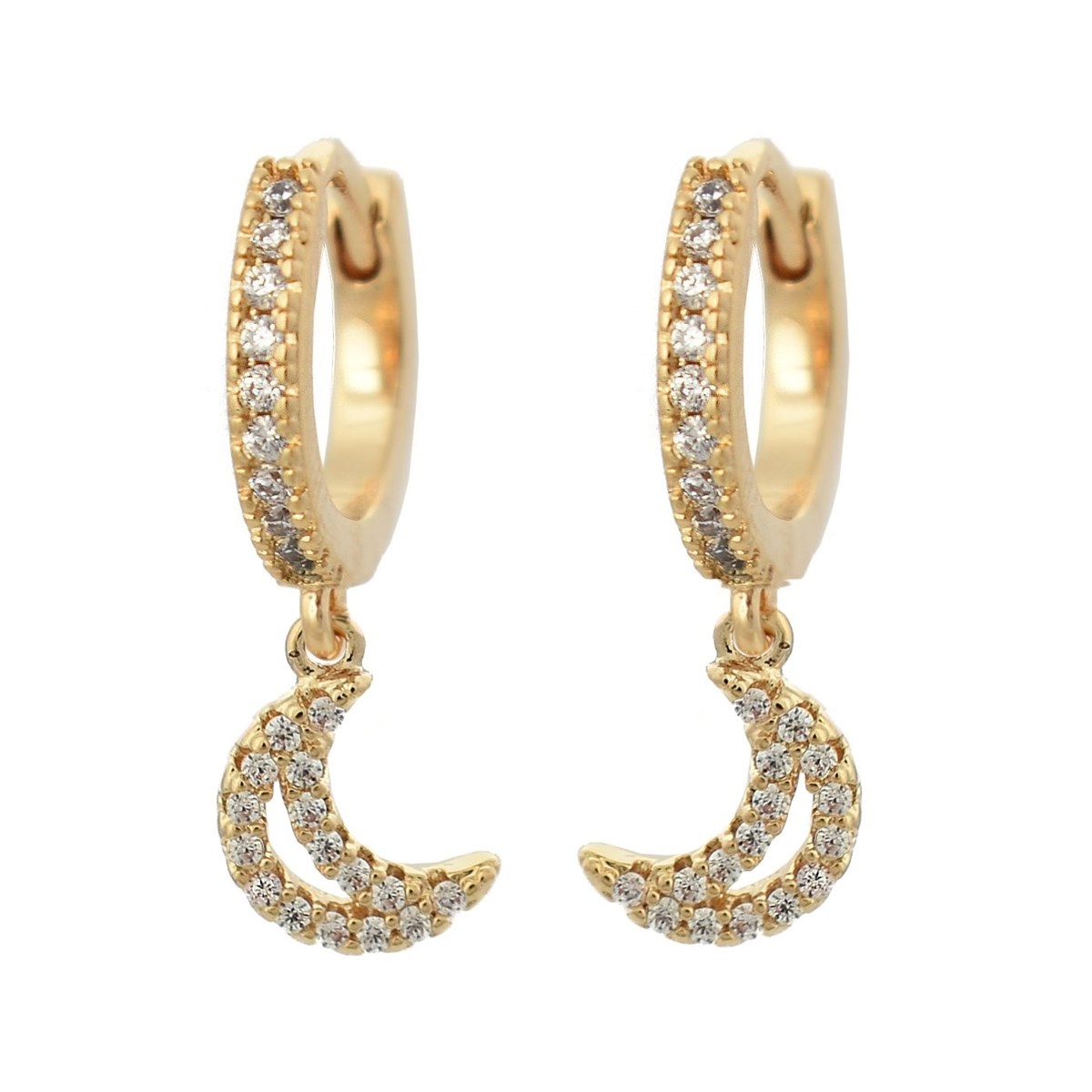 Boucles d'oreilles Mini Créoles lune oxyde de zirconium pendante Plaqué or 750 3 microns