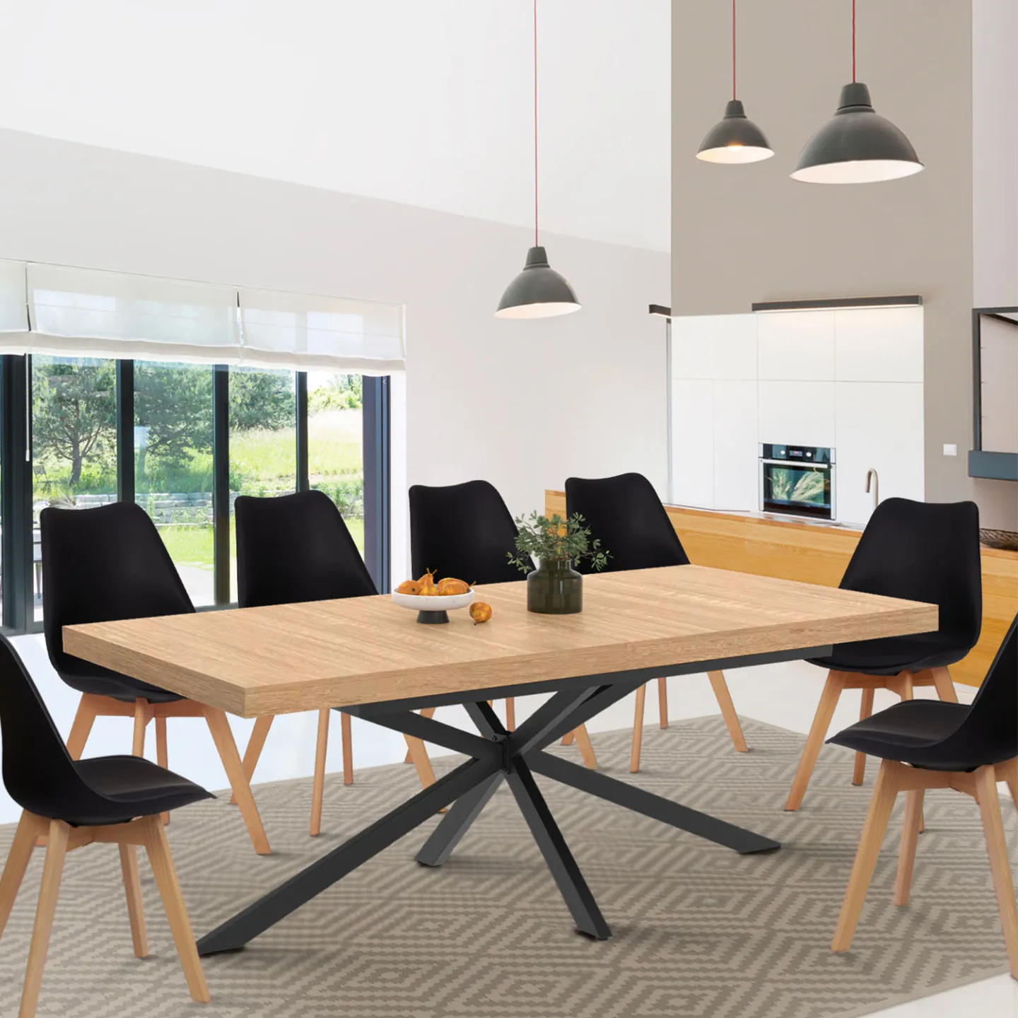 Table à manger extensible rectangle ALIX avec rangement 8-12 personnes pied araignée bois et noir 200-240 cm
