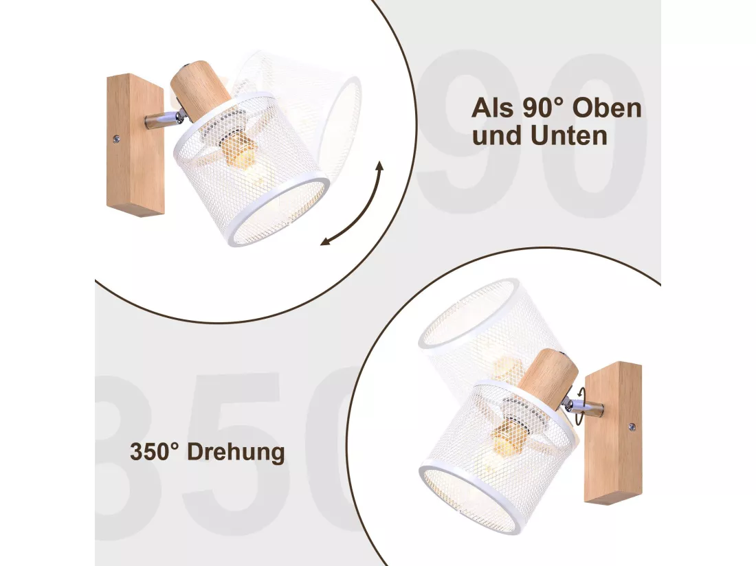 NETTLIFE Plafonnier 1 Spots blanc aspect bois - plafonnier E14 orientable 350° 4 ampoules max 40w moderne pour salon chambre cuisine.