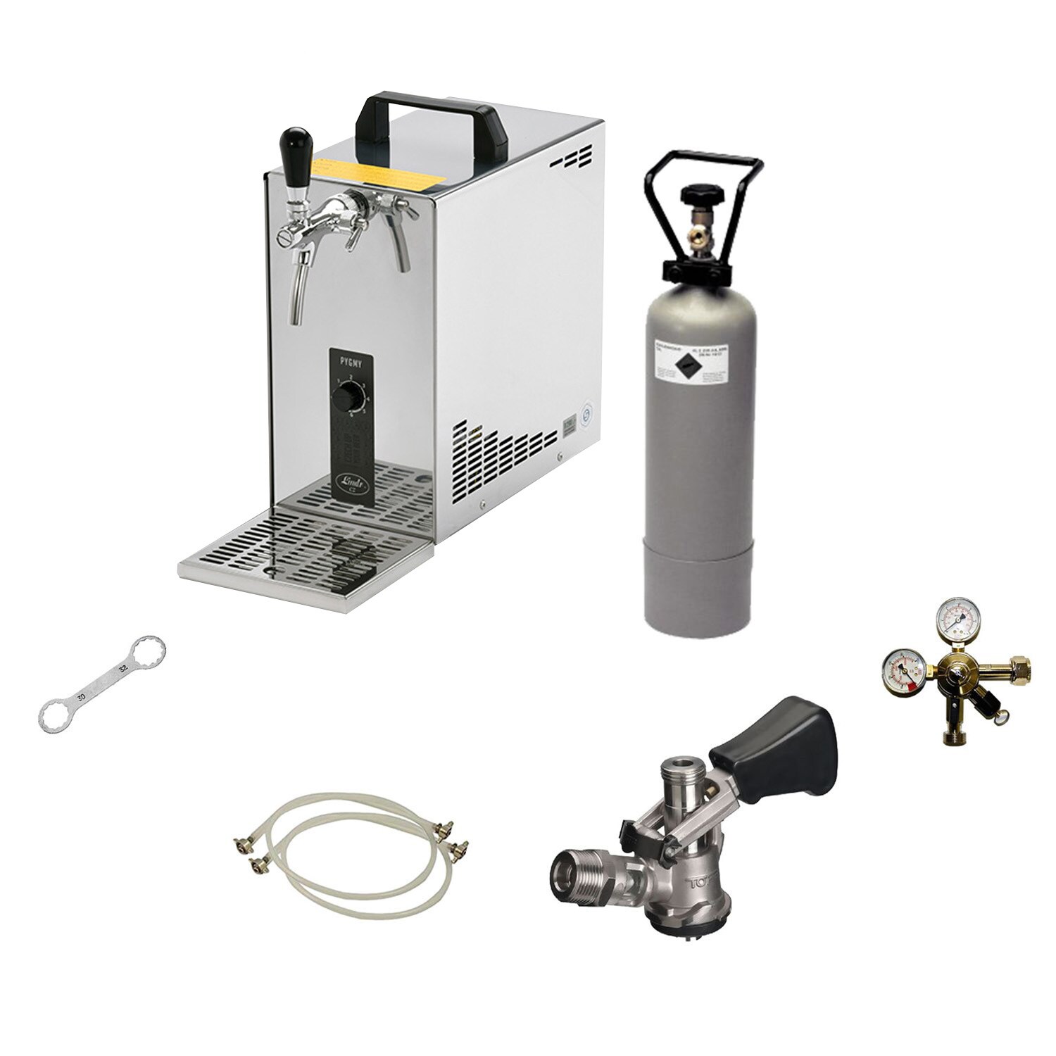 Komplett Set - Zapfanlage, Bierzapfanlage, Bierkoffer, Durchlaufkühler PYGMY 25 LE, 1-leitig Trockenkühler, 30 Liter/h, Green Line, 5 Liter Adapter