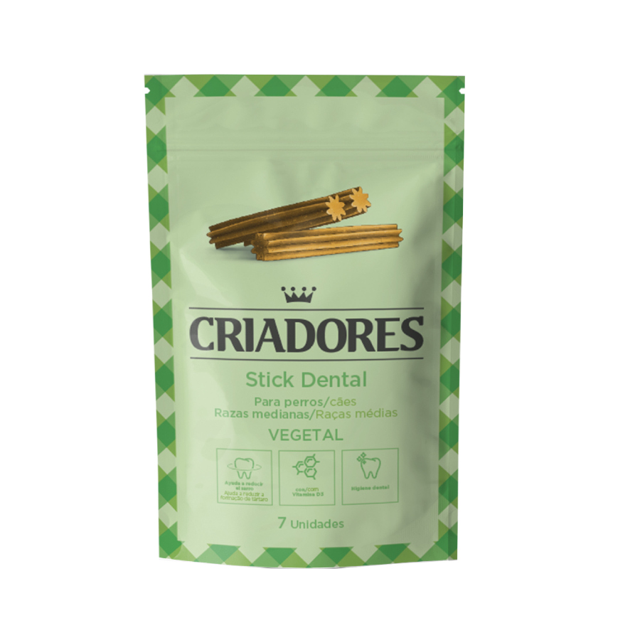 Petiscos dentais vegetais da Breeders para cães de porte médio.