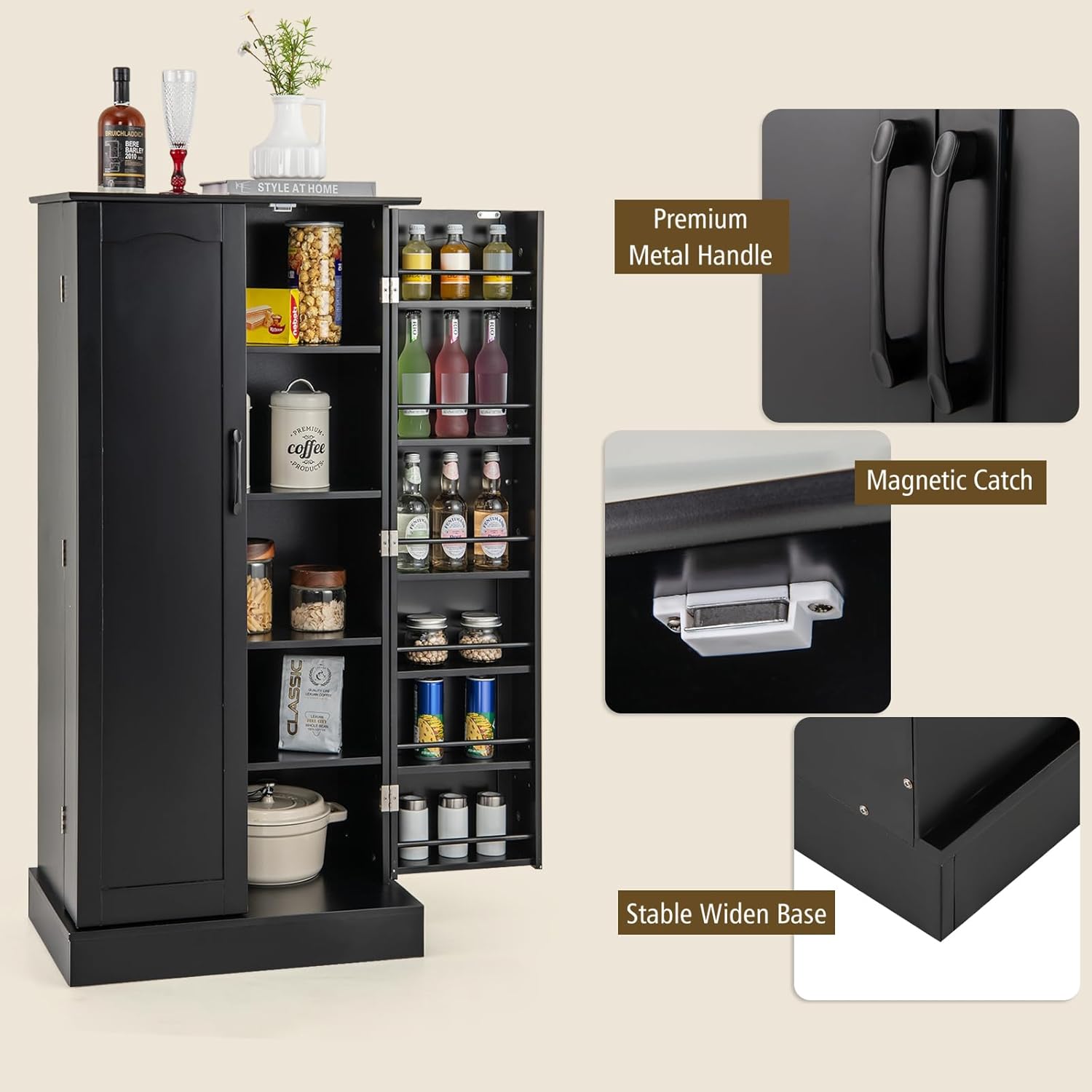 KOMFOTTEU Vorratsschrank mit Doppeltür, Aufbewahrungsschrank mit verstellbaren Einlegeböden, Mehrzweckschrank Süßigkeitenschrank, Küchenanrichte für Esszimmer, 60x40x120 cm (Schwarz)