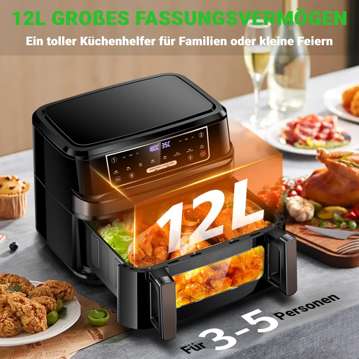 Heißluftfritteuse XXL | 12L Airfryer Variabel Für Einzel-und Zweikammer, 8-in-1 Heissluftfritteuse Doppelkammer Separate Temperaturregelung, Air Fryer 2 Kammern Touchscreen Max 200℃ Fettarmes Kochen