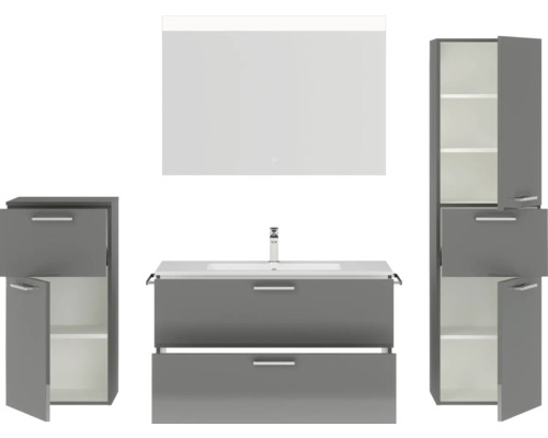 Badkamermeubelset NOBILIA Programma 2 BxHxD 210 x 169,1 x 48,7 cm, fronten hoogglans grijs, met wastafelmeubel wit en spiegel met ledverlichting, halfhoge kast, onderkast, greep mat chroom, 269