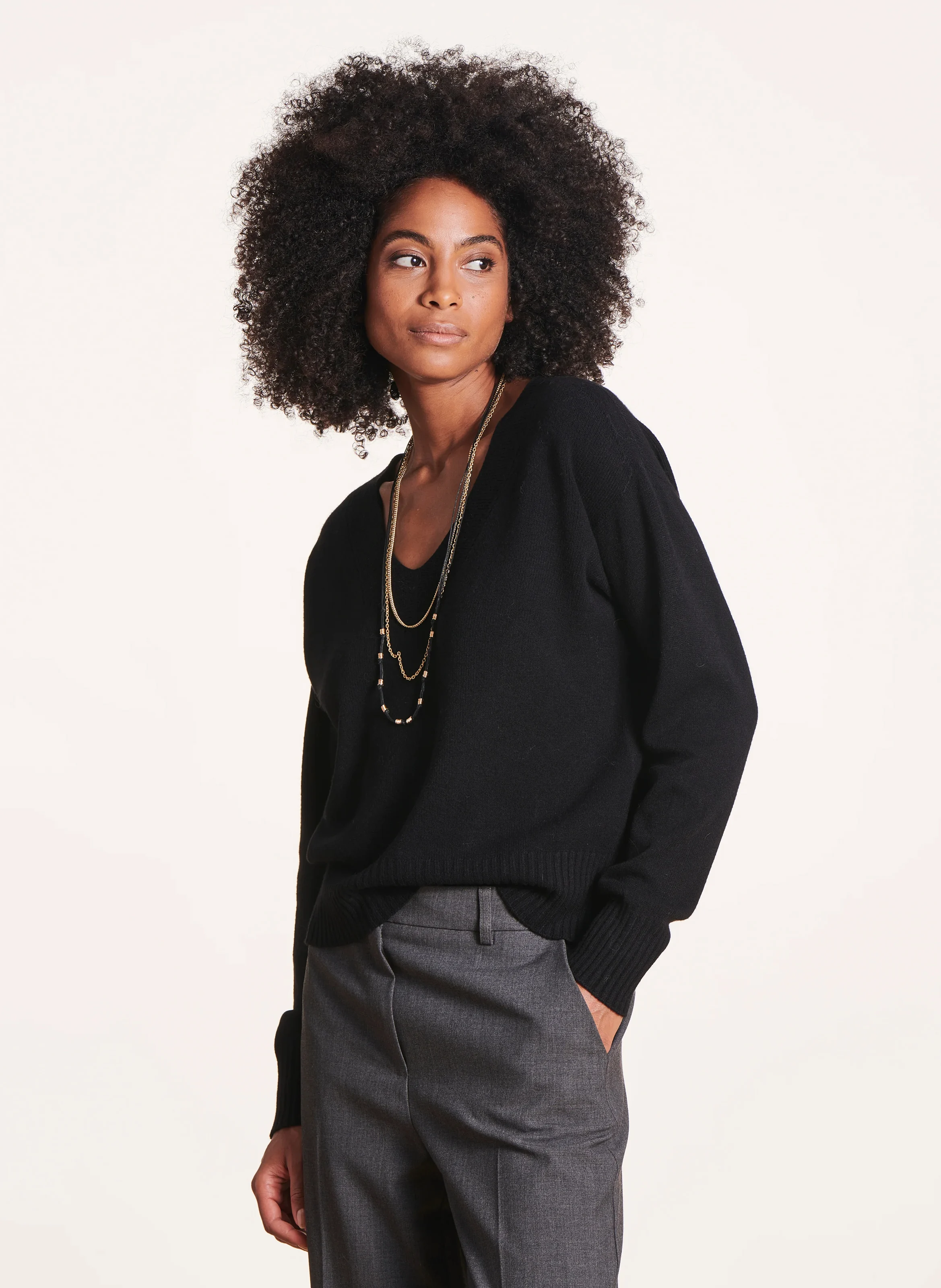 Pull ample col V en maille mélangée | Noir