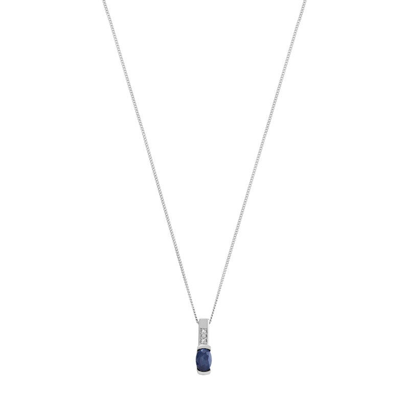 Collier or 375 blanc saphir ovale et diamants 45 cm