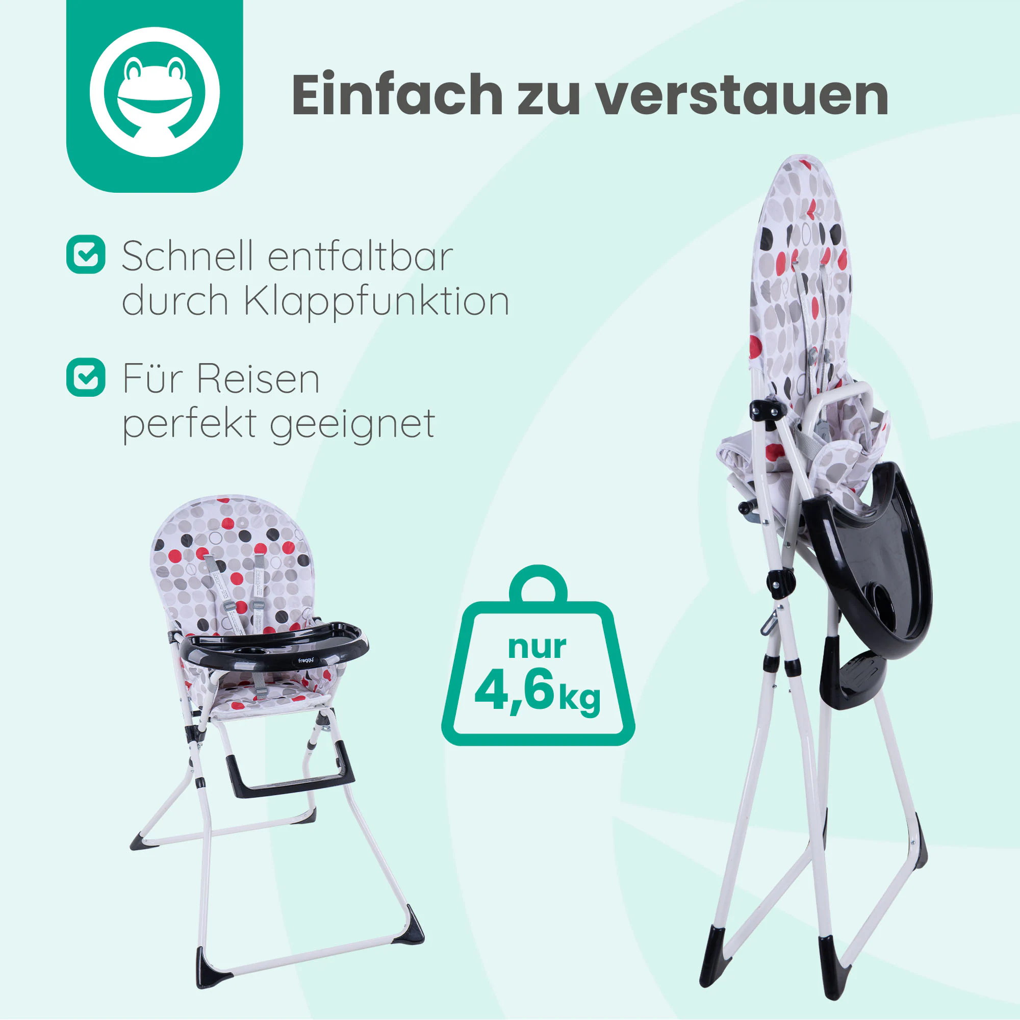 FROGGY Kinderhochstuhl klappbar Mika - kompakter Babystuhl, mit 5-Punkt Sicherheitsgurt, wasserdichte Sitzauflage, Tablett und Becherhalter, ab 6 Monate bis 15 kg | Schwarz
