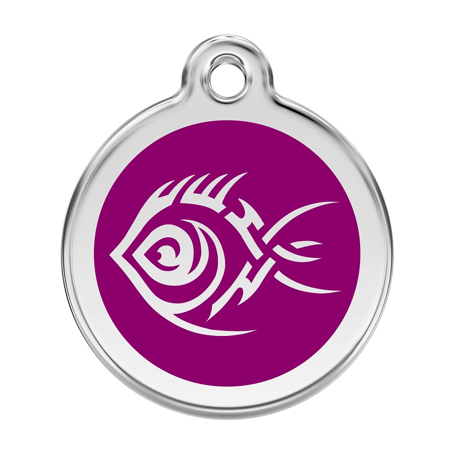 Placa de identificação para cães em aço inoxidável esmaltado com desenho tribal de peixe roxo