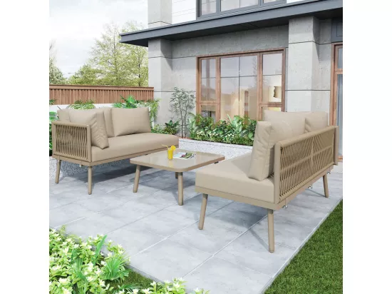 Ensemble de chaises longues de jardin en fer - Ensemble de meubles de jardin en forme de L - Avec coussins d'assise - Pieds réglables - 2 canapés + 1 table - Kaki