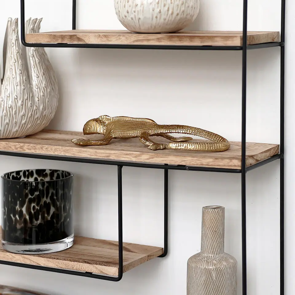 Zwart metalen wandrek met 4 houten plankjes - Rechthoek - 55x45x11 cm