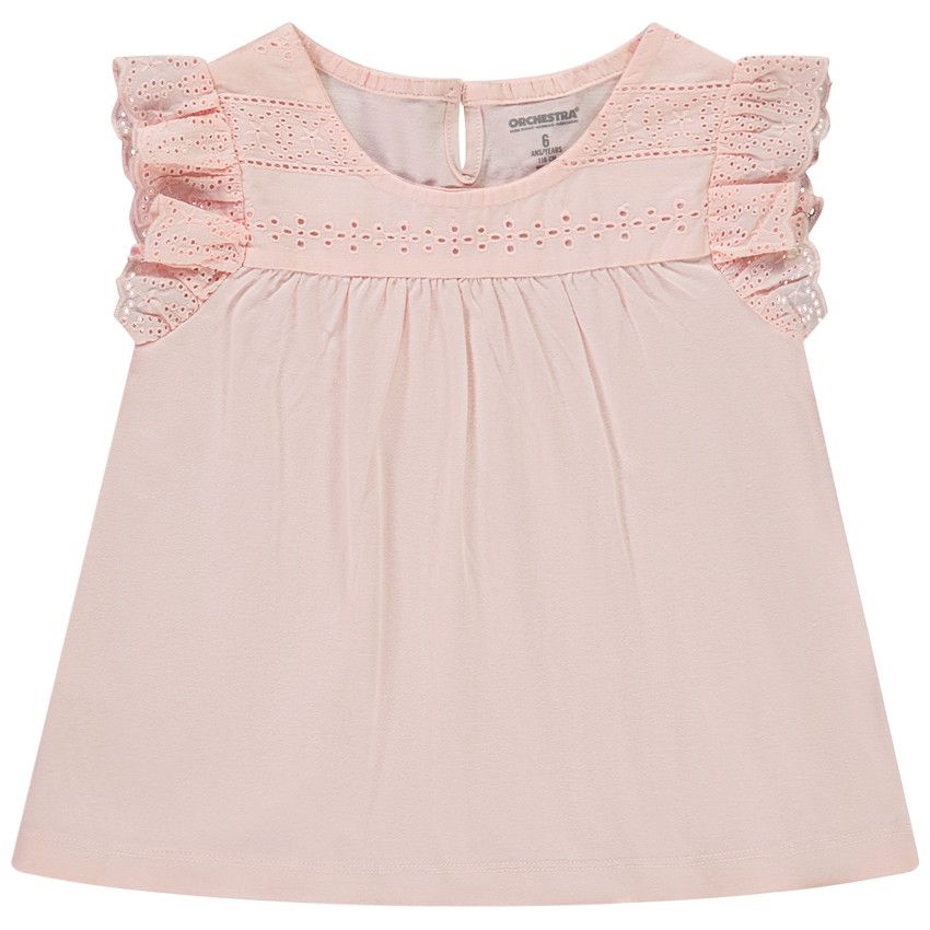 T-shirt manches courtes avec broderie anglaise pour fille - Rose