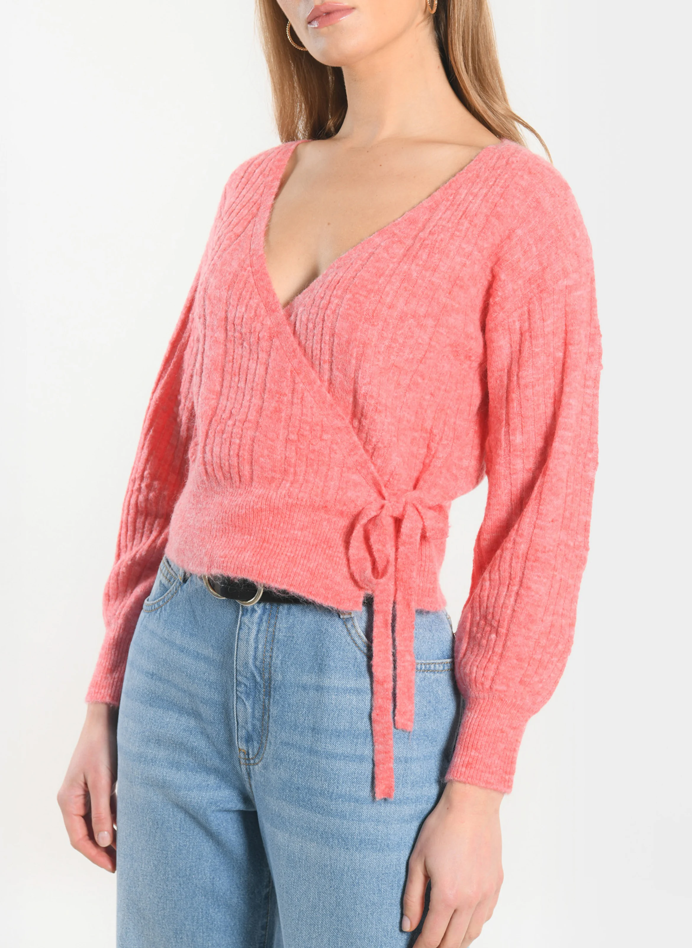 CARRY - Gilet cache-cœur en maille côtelée | Rose