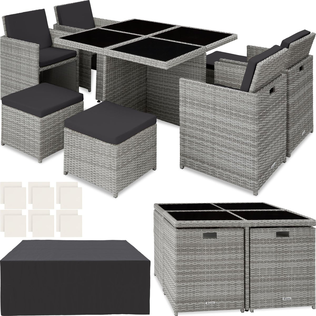 tectake Manhattan rotan zitgroep met aluminium frame, 2 sets hoezen, inklapbaar, inclusief beschermhoes