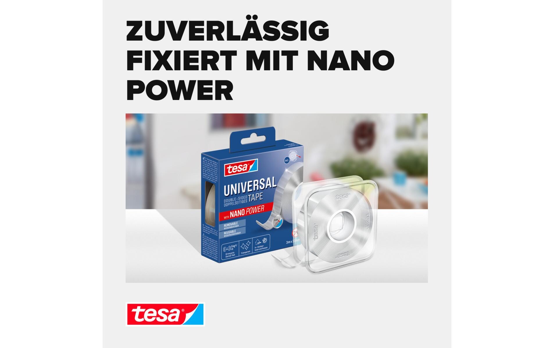 Klebeband Universal Nano Tape 1 Rolle - 3 m x 30 mmTransparentes, doppelseitiges Klebeband – leicht wiederablösbar und wiederverwendbar – wetterfest