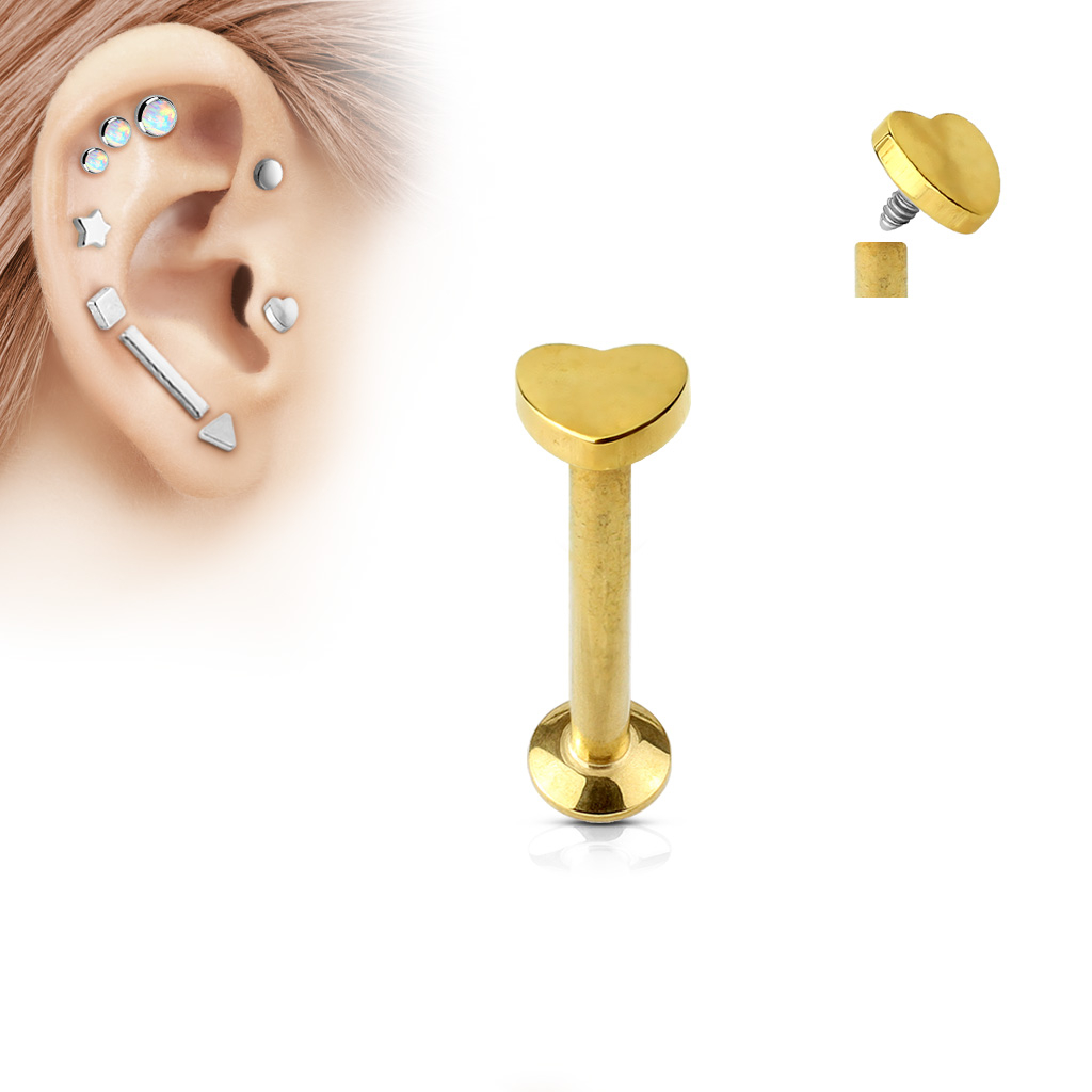 (6mm) Tragus / Helix 316L Chirurgenstahl Ohr Piercing mit Gewindeverschluss Herz - Gold