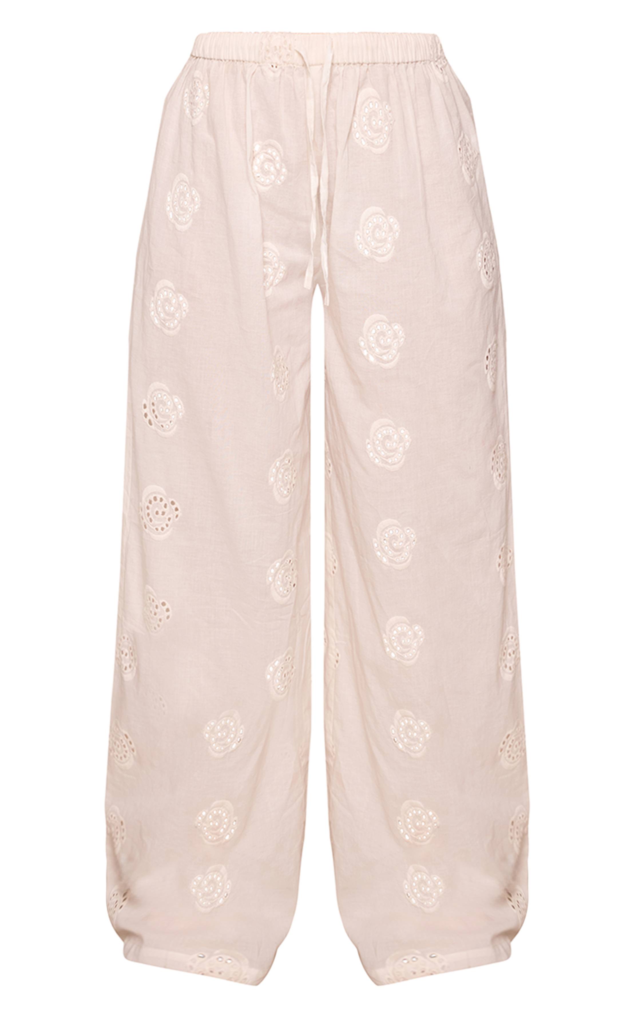 Blanc Pantalon Droit Petite À Détails Broderie Tourbillon Effet Lin