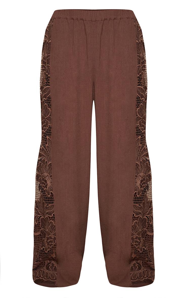 Marron Foncé Ensemble Coordonné Pantalon À Appliques De Dentelle Florale