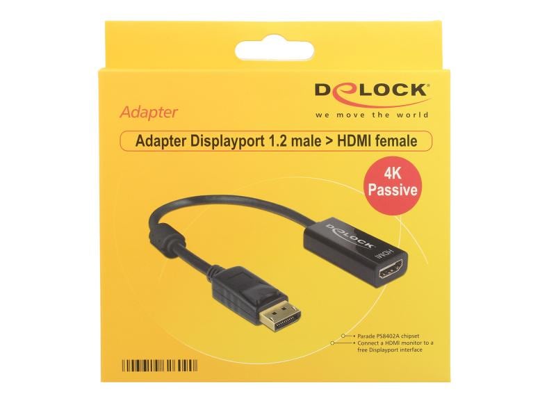 Delock Adapter DisplayPort - HDMI passiv, 4K/30Hz, schwarz Delock Adapter DisplayPort 1.2 Stecker > HDMI Buchse 4K Passiv schwarz
