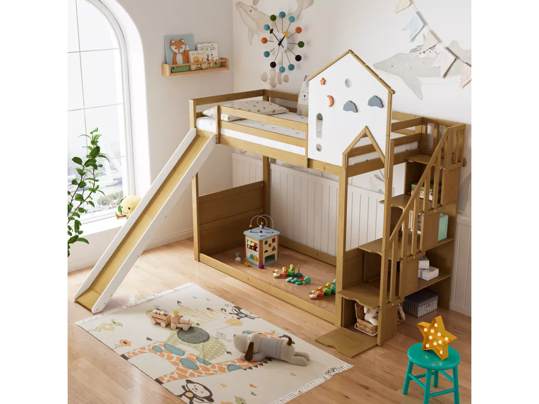 Lit superposé 2 x 90 x 200 cm avec 4 tiroirs, toboggan etétagères de rangement - pin + MDF - blanc+naturel (sans matelas)